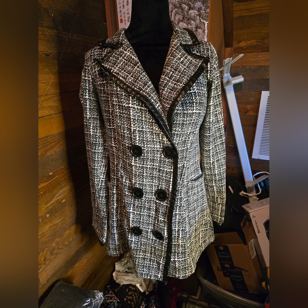 LA Kitty Medium Tweed Double Breasted Jacket Faux Leather Trim